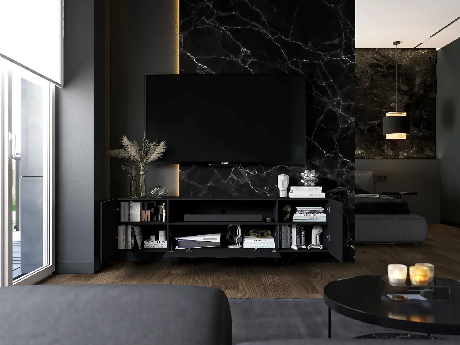 Outlet Móvel de TV com 7 portas e nicho – corpo mate, fachadas caneladas mate – 300 cm Preto