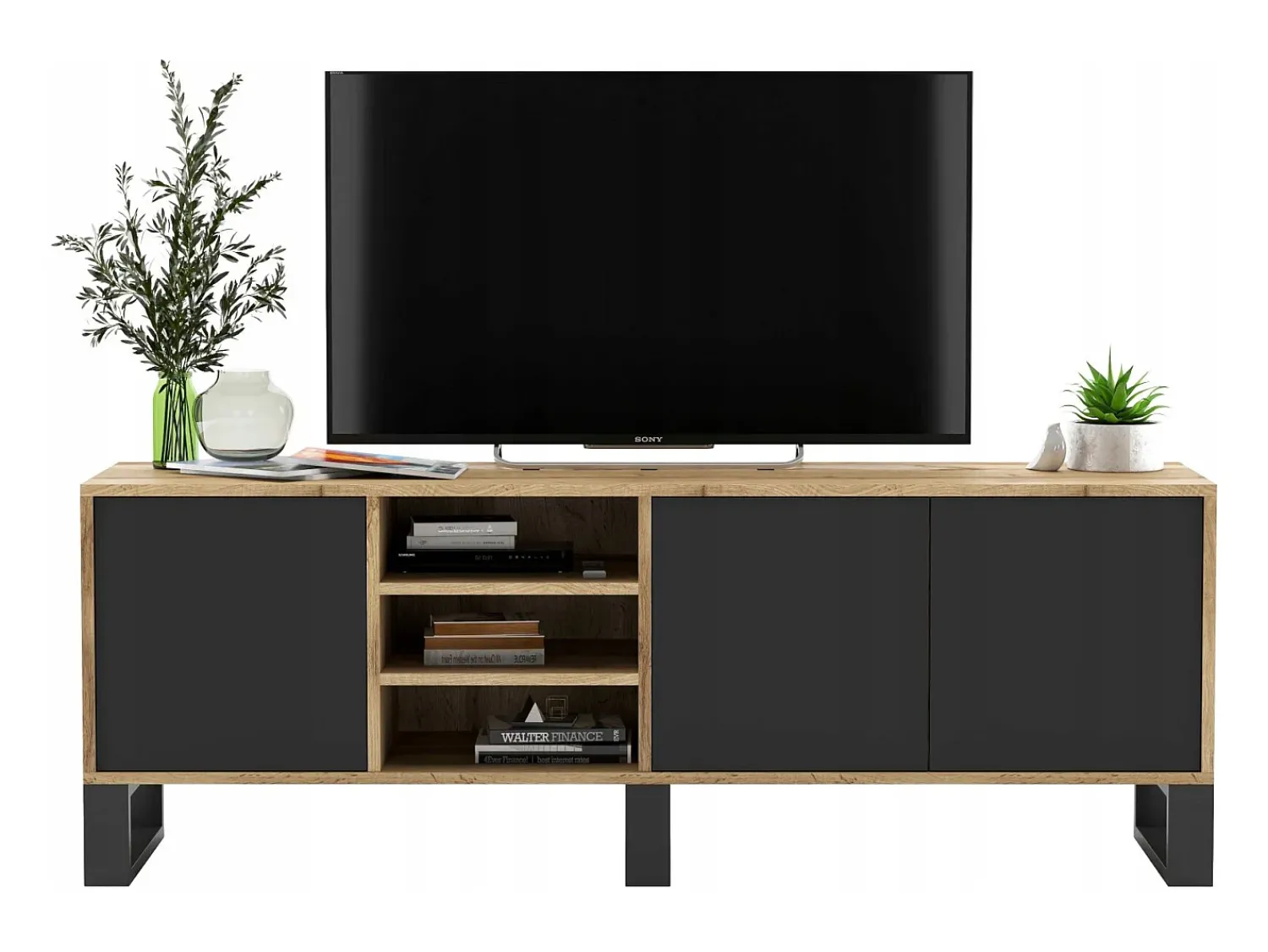 Móvel De Tv| Móvel de TV com 3 portas e 1 nicho - corpo carvalho wotan frentes mate - 150 cm, pés de metal Preto