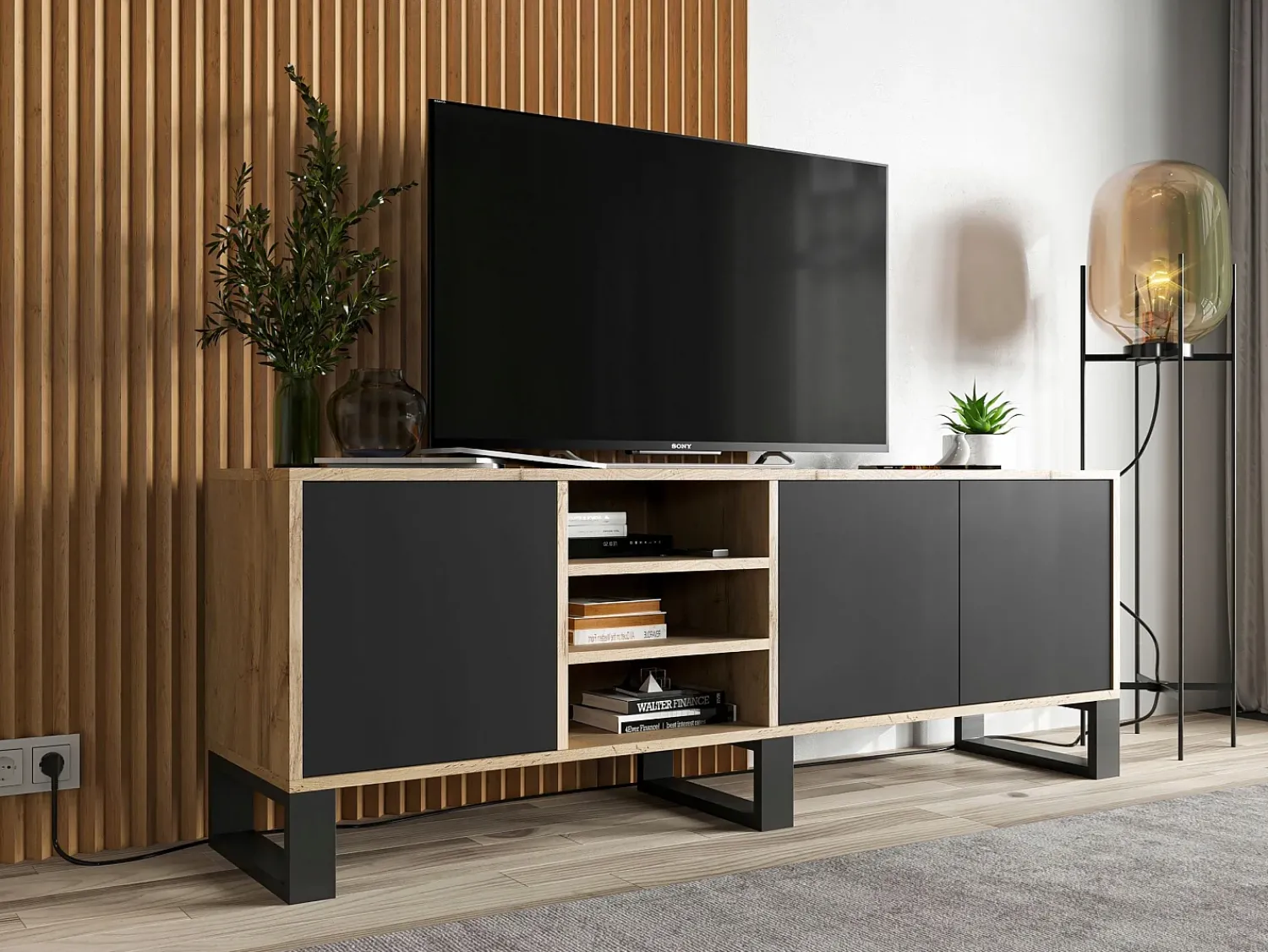 Móvel De Tv| Móvel de TV com 3 portas e 1 nicho - corpo carvalho wotan frentes mate - 150 cm, pés de metal Preto
