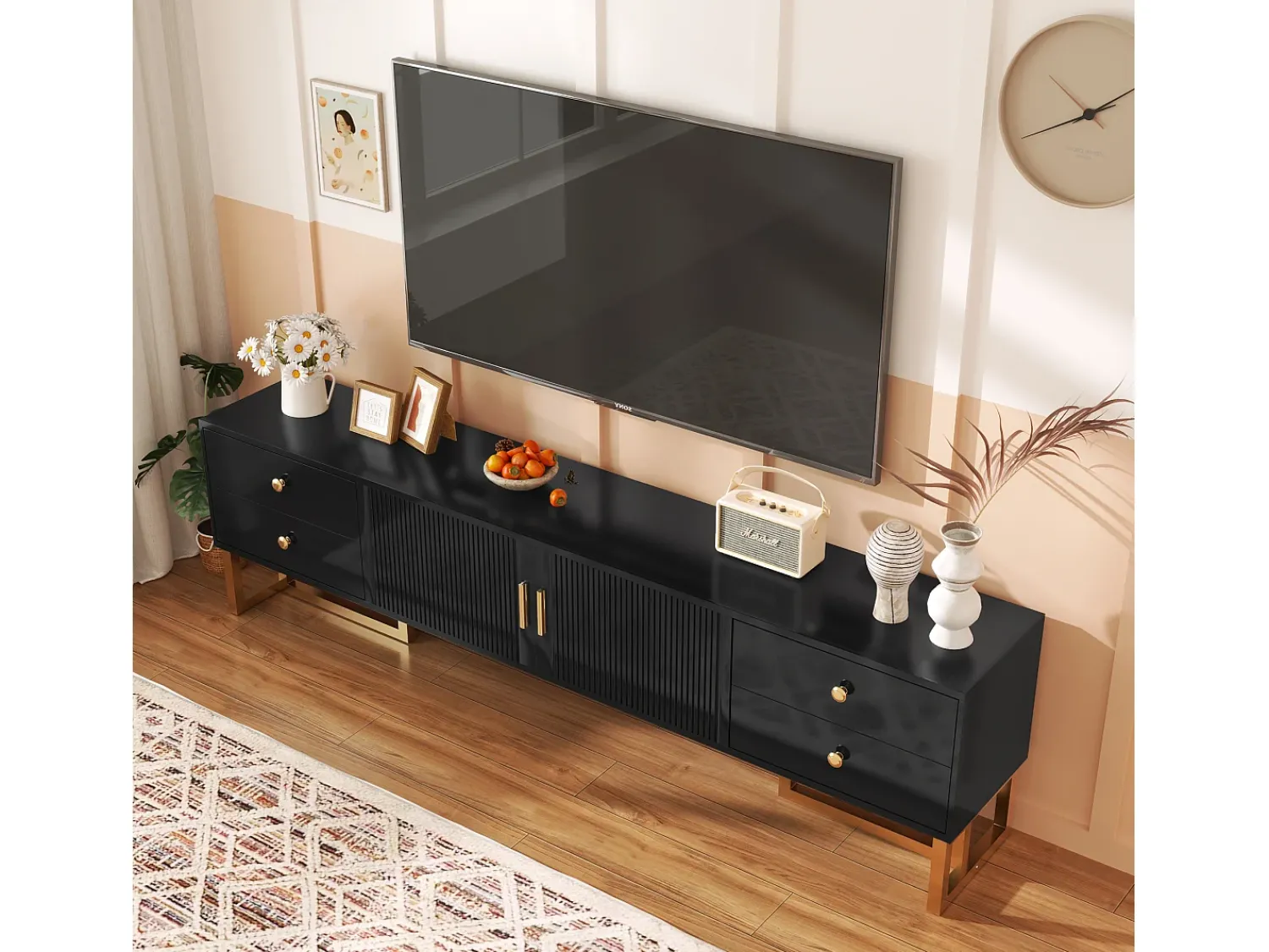 Best Merax Móvel de TV com 2 portas e 4 gavetas - 175 x 30 x 46 cm - Madeira MDF, pés e puxadores em metal dourado - Preto
