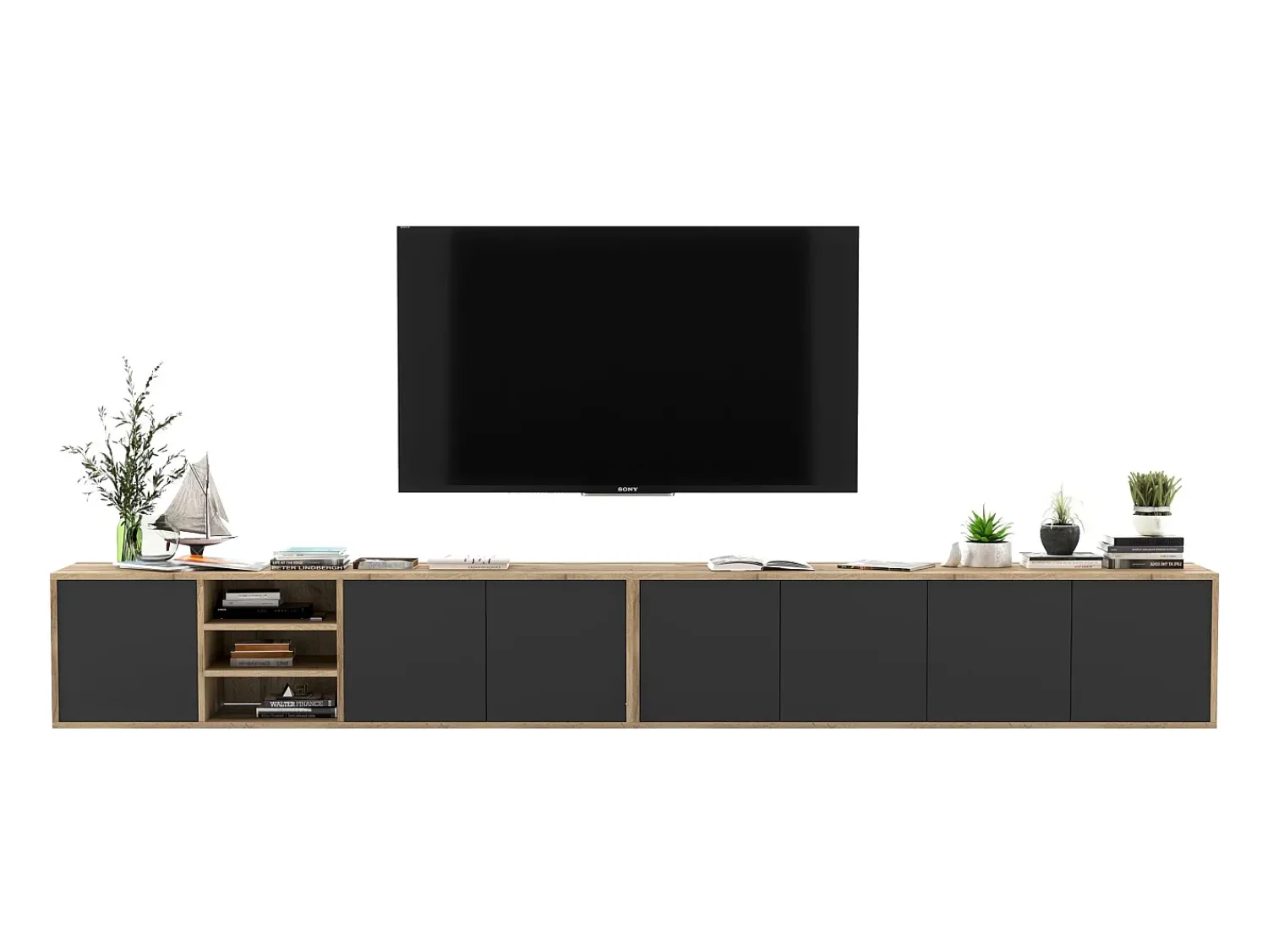 Móvel De Tv| Móvel de TV com 7 portas e 1 nicho - estrutura carvalho wotan, frentes mate - 300 cm Preto