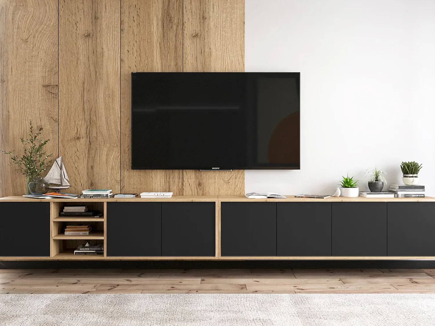 Móvel De Tv| Móvel de TV com 7 portas e 1 nicho - estrutura carvalho wotan, frentes mate - 300 cm Preto
