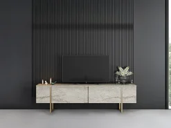 Móvel De Tv*Vente-unique Móvel de TV com 2 portas efeito travertino e dourado - ZIRELDA Bege