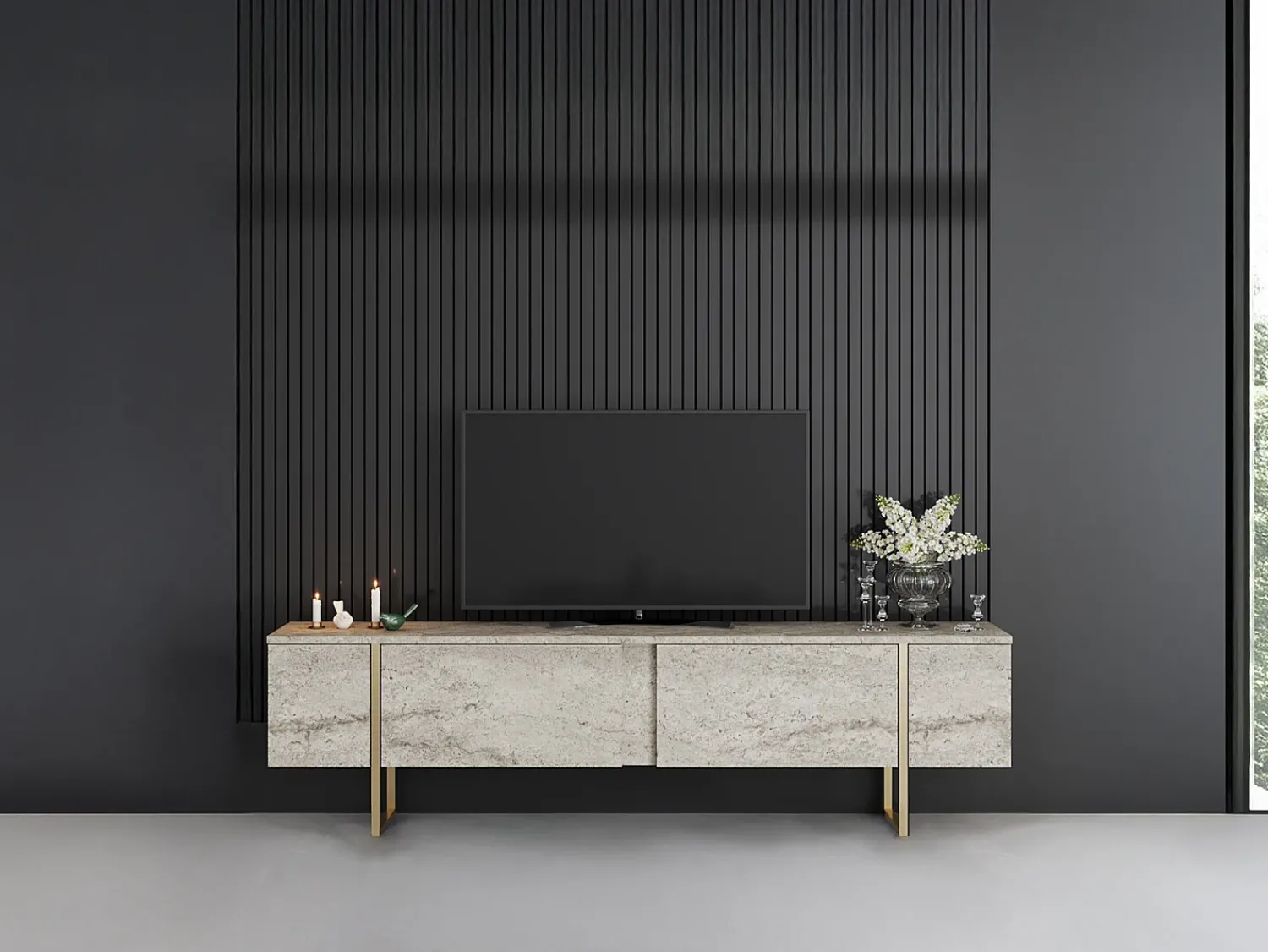 Móvel De Tv*Vente-unique Móvel de TV com 2 portas efeito travertino e dourado - ZIRELDA Bege