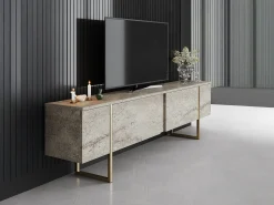 Móvel De Tv*Vente-unique Móvel de TV com 2 portas efeito travertino e dourado - ZIRELDA Bege