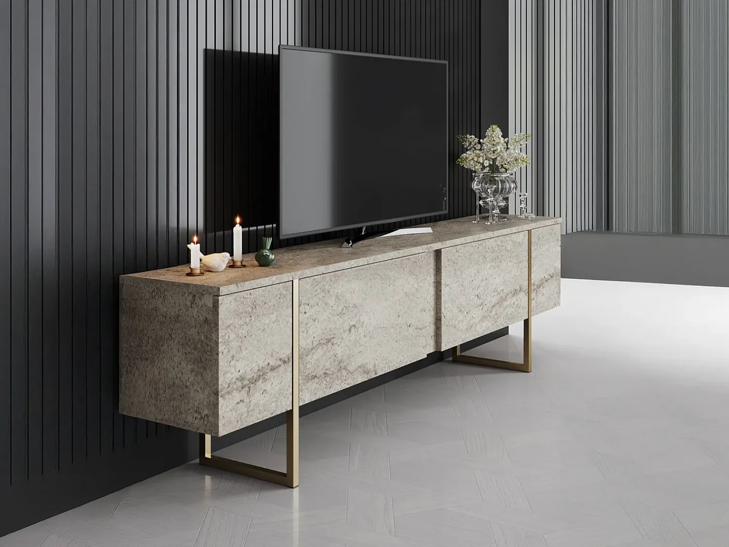 Móvel De Tv*Vente-unique Móvel de TV com 2 portas efeito travertino e dourado - ZIRELDA Bege