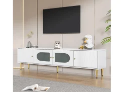 Móvel De Tv*Merax Móvel de TV com 2 portas listradas e 2 portas de vidro - 170 x 35 x 50 cm - Aglomerado - Branco