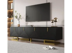 Móvel De Tv|Merax Móvel de TV com 4 portas texturizadas - 160 x 38 x 44,5 cm - puxadores e pés dourados - aglomerado - Preto