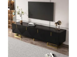 Móvel De Tv|Merax Móvel de TV com 4 portas texturizadas - 160 x 38 x 44,5 cm - puxadores e pés dourados - aglomerado - Preto
