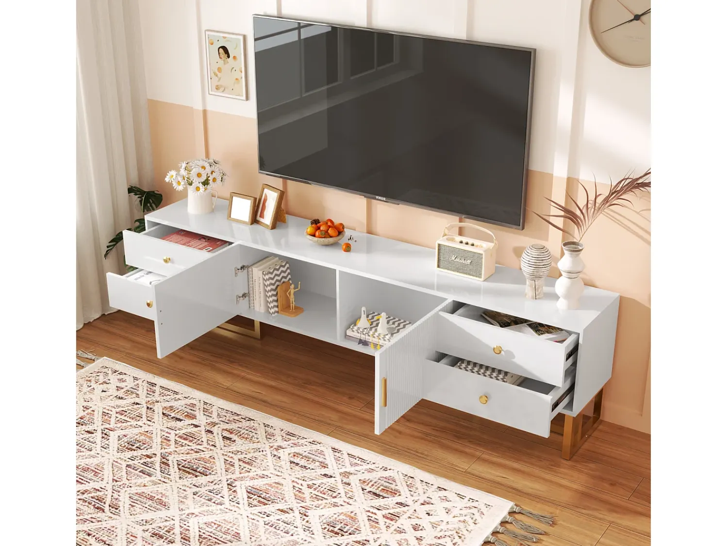 Outlet Móvel de TV com armazenamento, 2 portas e 4 gavetas, Móvel de TV baixo, Pés e puxadores dourados, Branco