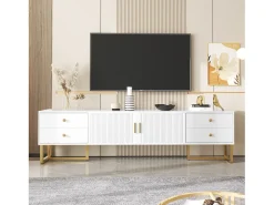 Outlet Móvel de TV com armazenamento, 2 portas e 4 gavetas, Móvel de TV baixo, Pés e puxadores dourados, Branco