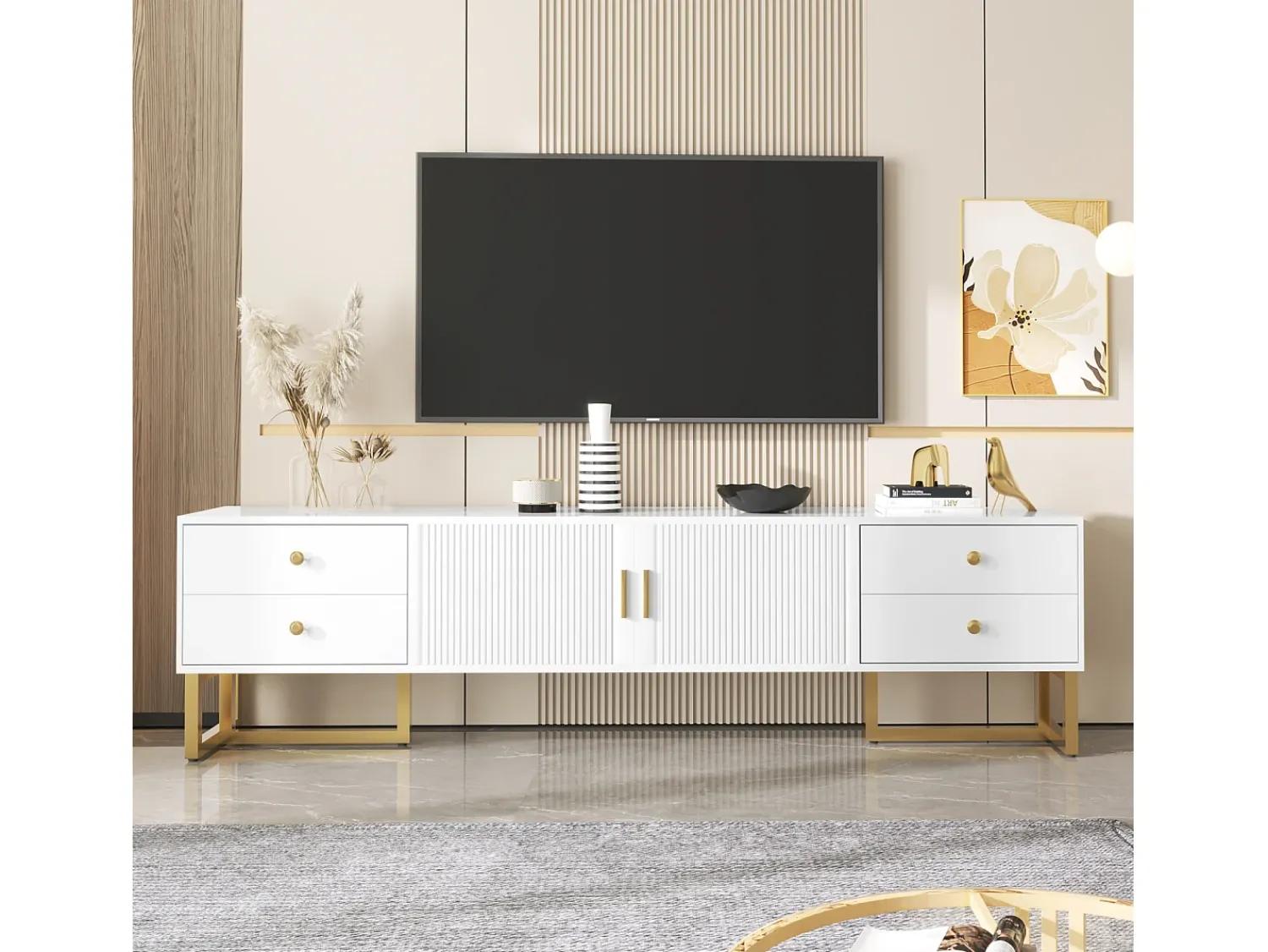 Outlet Móvel de TV com armazenamento, 2 portas e 4 gavetas, Móvel de TV baixo, Pés e puxadores dourados, Branco