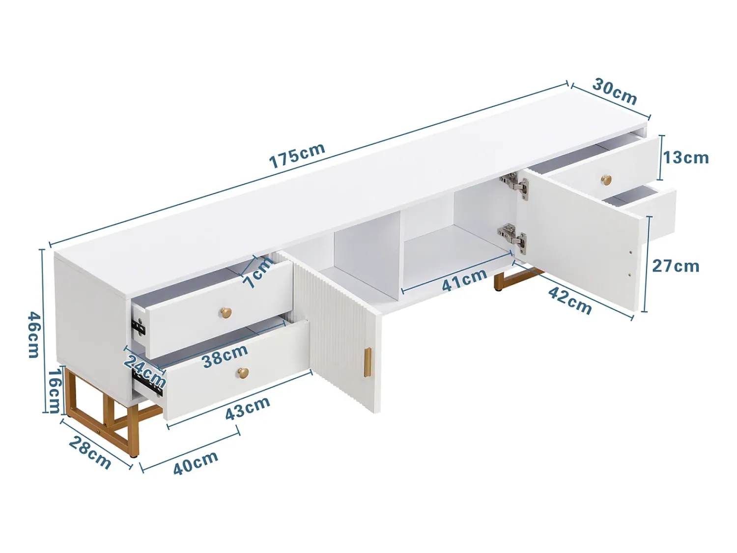 Outlet Móvel de TV com armazenamento, 2 portas e 4 gavetas, Móvel de TV baixo, Pés e puxadores dourados, Branco