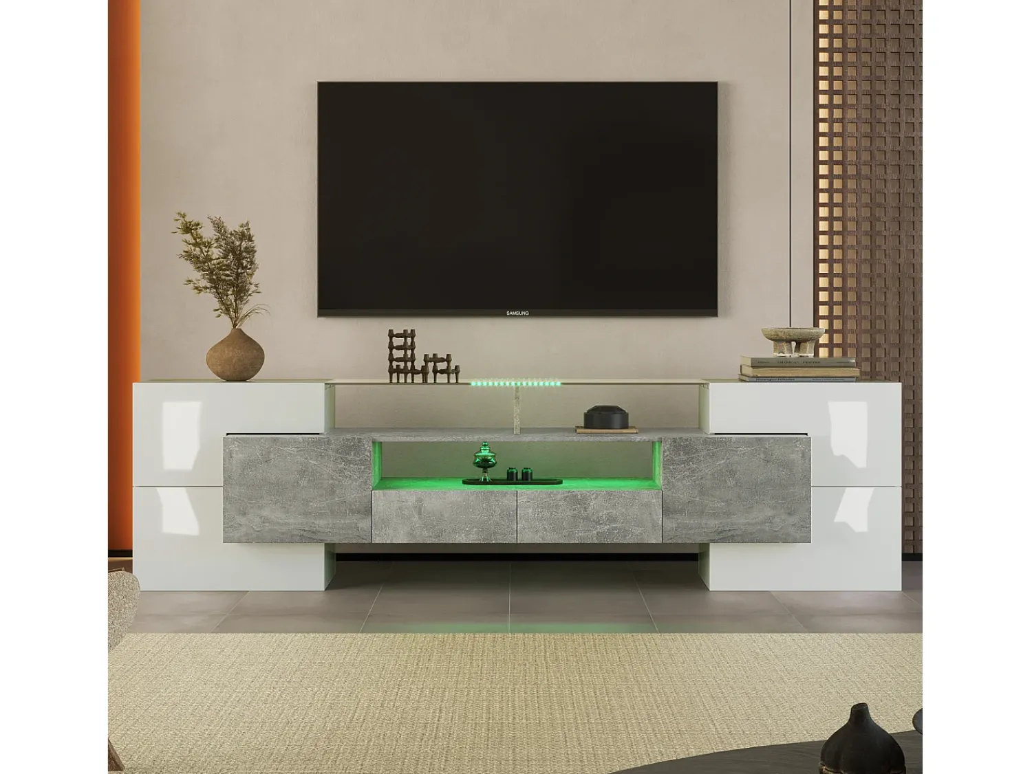 Móvel De Tv* Móvel de TV com armazenamento, 6 portas e 2 gavetas, Móvel de TV moderno com luz LED, cinza + Branco