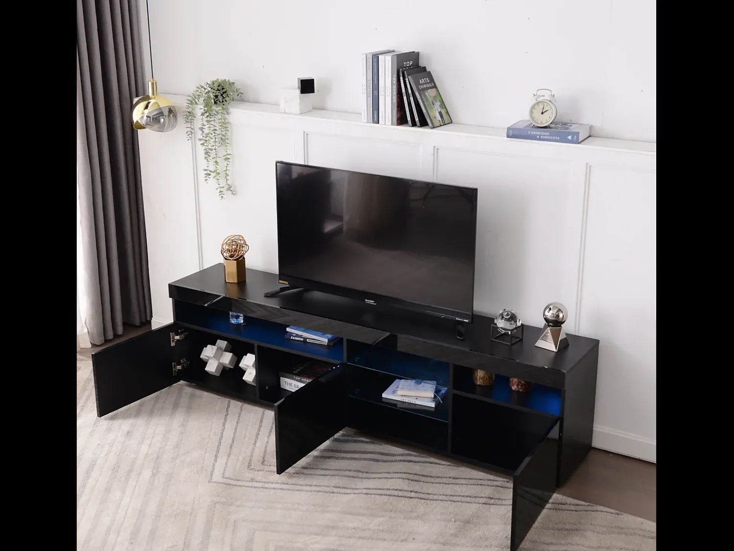 Hot Móvel de TV com armazenamento, 3 portas e 2 prateleiras de vidro, Móvel de TV com LED variável, Preto