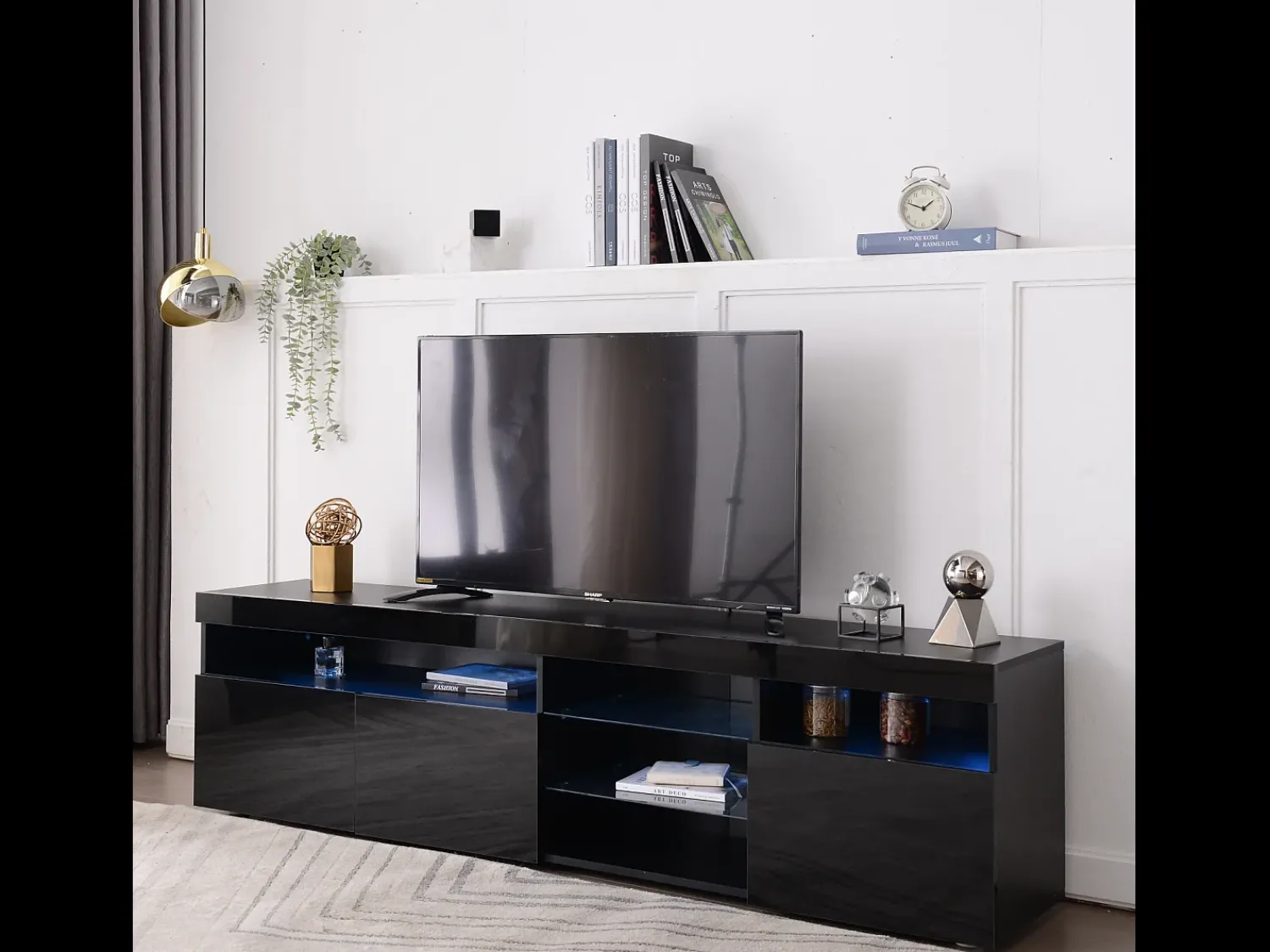 Hot Móvel de TV com armazenamento, 3 portas e 2 prateleiras de vidro, Móvel de TV com LED variável, Preto