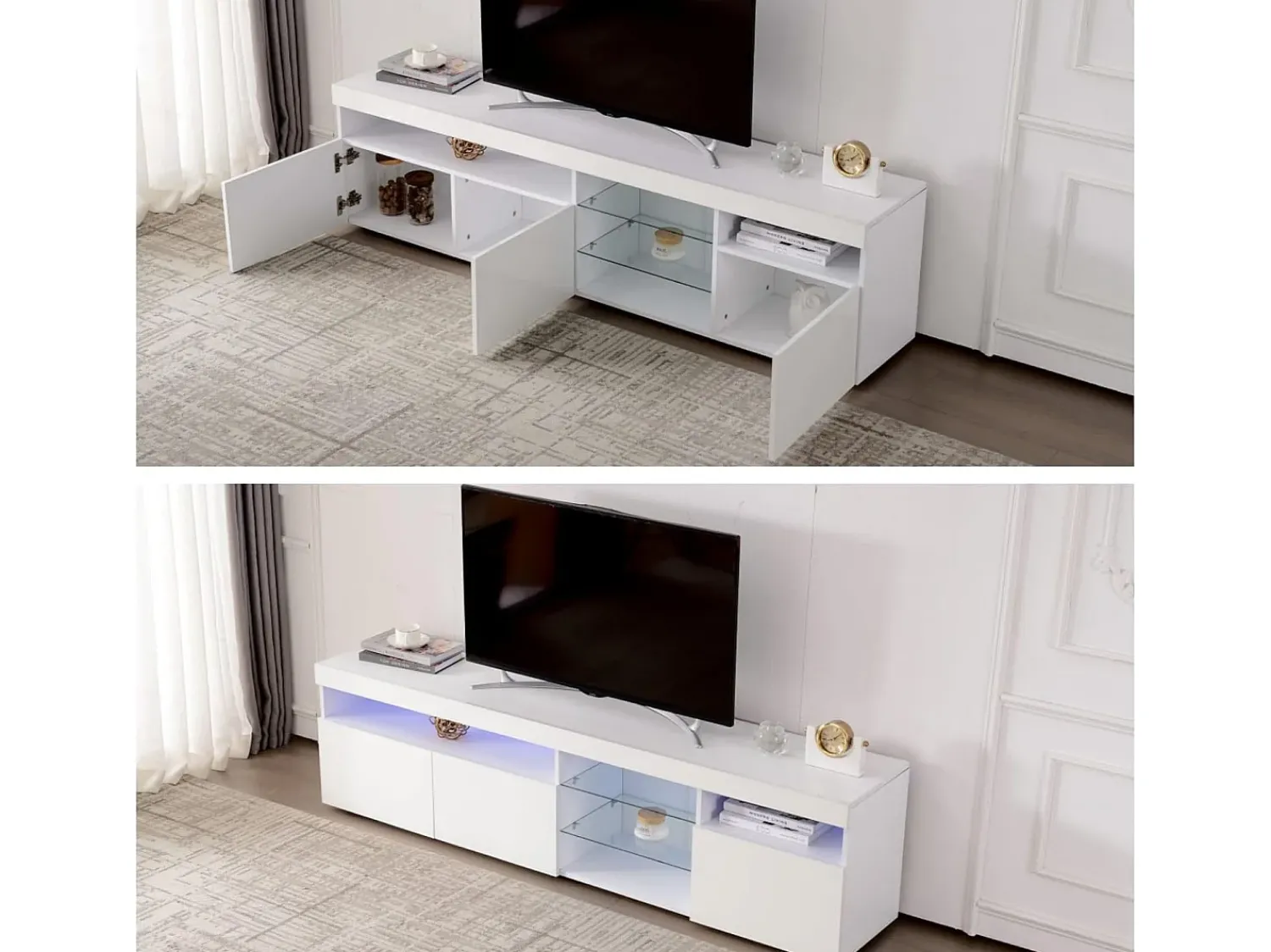 Móvel De Tv| Móvel de TV com armazenamento, 3 portas e 2 prateleiras de vidro, Móvel de TV com LED variável, Branco