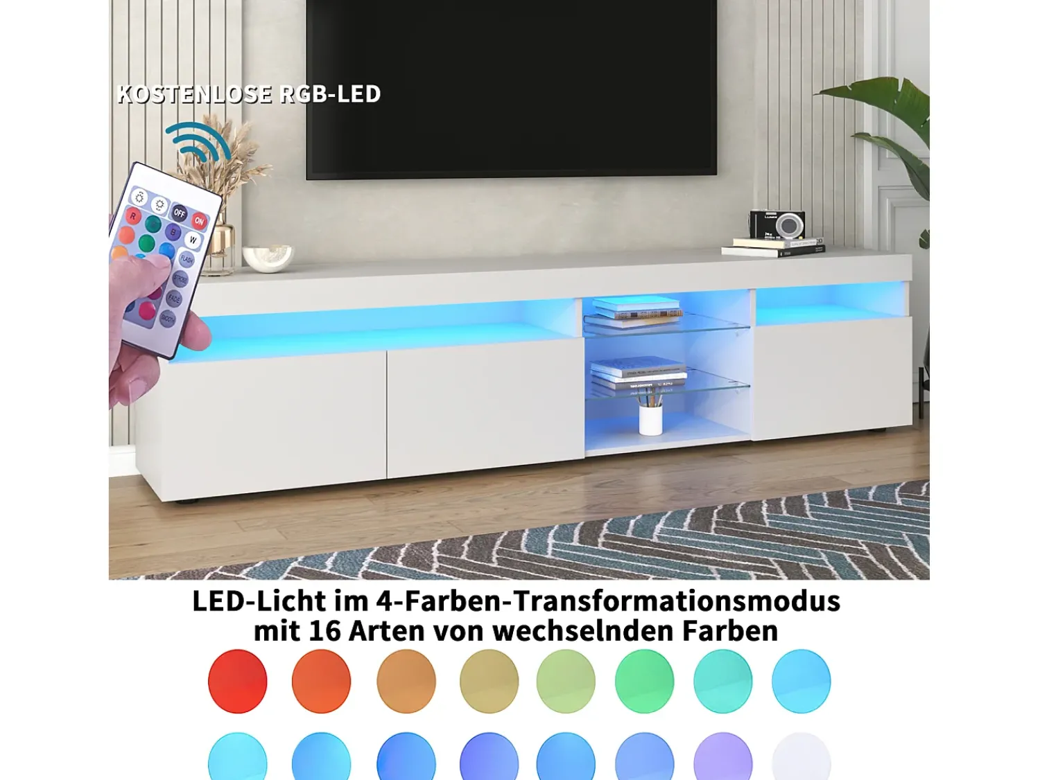 Móvel De Tv| Móvel de TV com armazenamento, 3 portas e 2 prateleiras de vidro, Móvel de TV com LED variável, Branco
