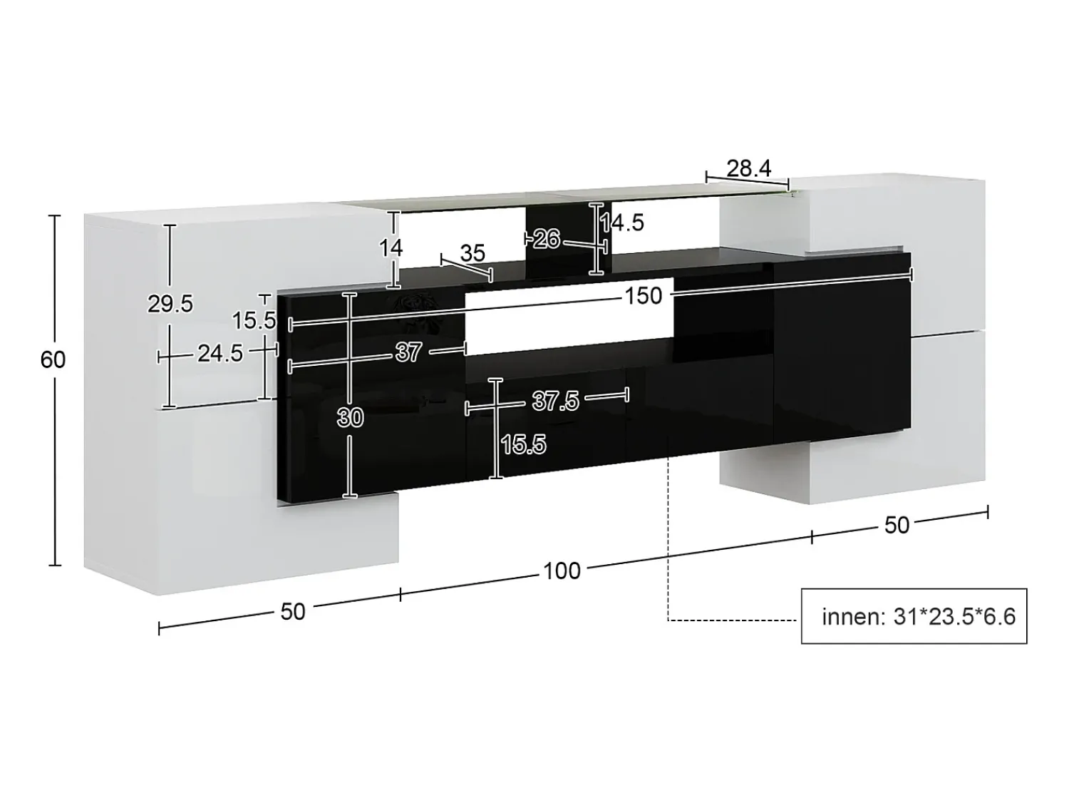 Móvel de TV com arrumação, 6 portas e 2 gavetas, com LED, superfície de alto brilho, preto e^ Móvel De Tv