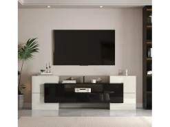 Móvel de TV com arrumação, 6 portas e 2 gavetas, com LED, superfície de alto brilho, preto e^ Móvel De Tv