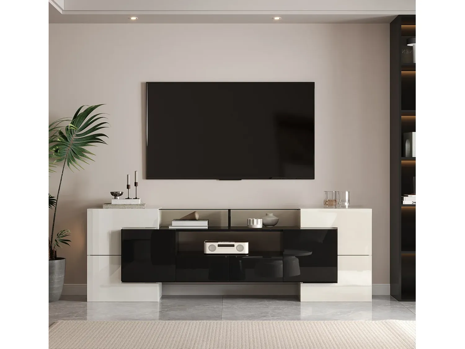 Móvel de TV com arrumação, 6 portas e 2 gavetas, com LED, superfície de alto brilho, preto e^ Móvel De Tv