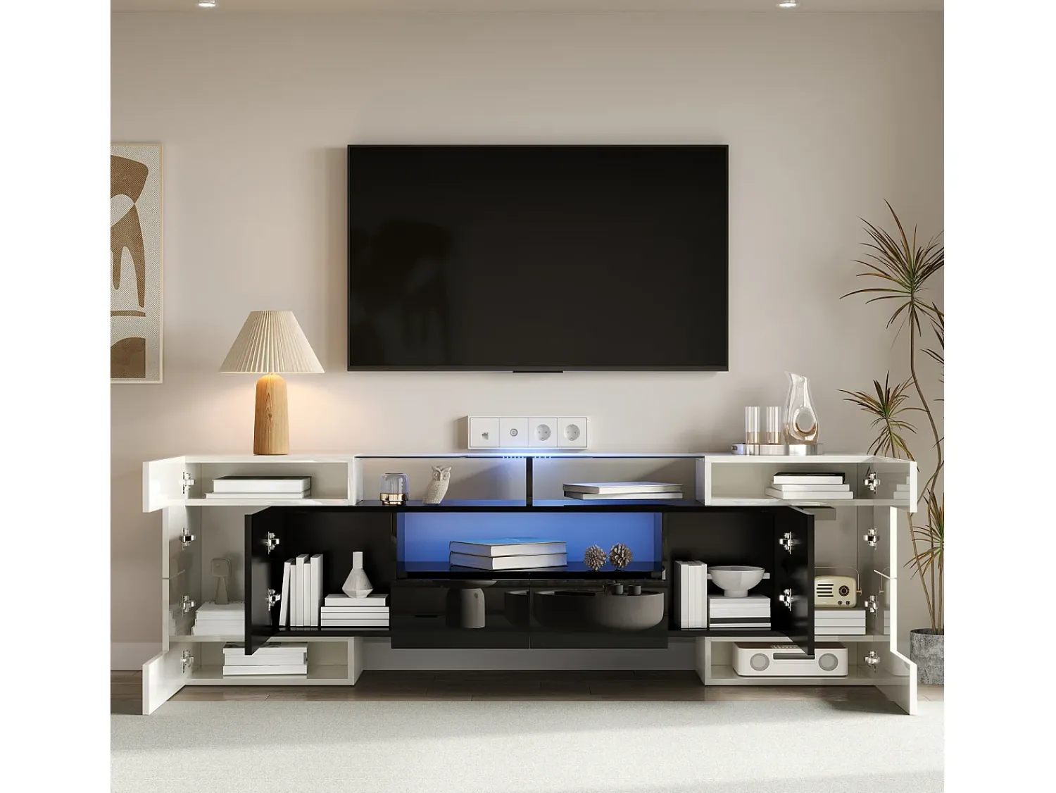 Móvel de TV com arrumação, 6 portas e 2 gavetas, com LED, superfície de alto brilho, preto e^ Móvel De Tv