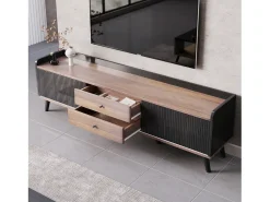 Móvel de TV com duas gavetas, mesa de TV, suporte de TV, painel baixo com duas portas de correr. Textura requintada. Preto e cor de madeira natural. A58/L160/P40 cm^ Móvel De Tv