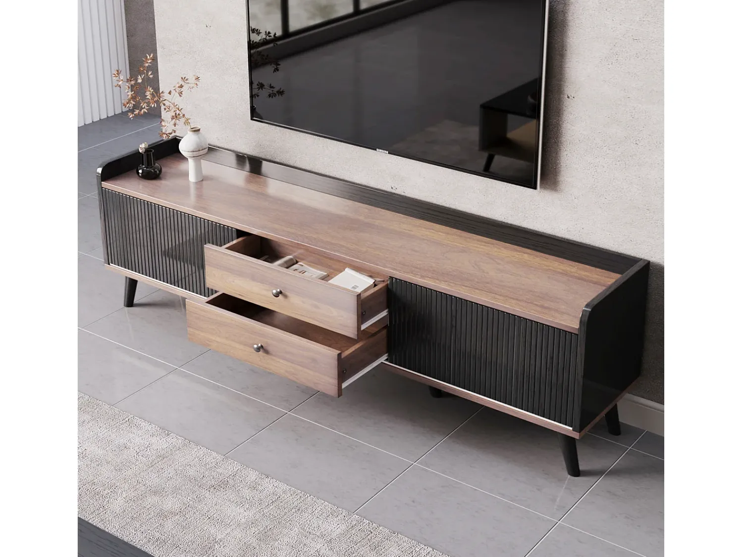 Móvel de TV com duas gavetas, mesa de TV, suporte de TV, painel baixo com duas portas de correr. Textura requintada. Preto e cor de madeira natural. A58/L160/P40 cm^ Móvel De Tv