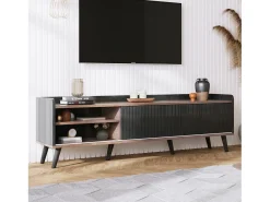 Móvel de TV com duas gavetas, mesa de TV, suporte de TV, painel baixo com duas portas de correr. Textura requintada. Preto e cor de madeira natural. A58/L160/P40 cm^ Móvel De Tv