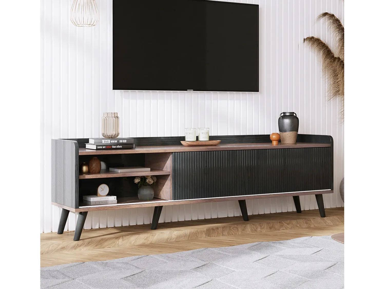 Móvel de TV com duas gavetas, mesa de TV, suporte de TV, painel baixo com duas portas de correr. Textura requintada. Preto e cor de madeira natural. A58/L160/P40 cm^ Móvel De Tv