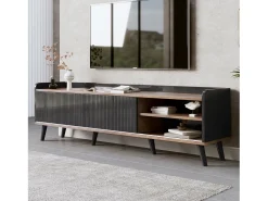 Móvel de TV com duas gavetas, mesa de TV, suporte de TV, painel baixo com duas portas de correr. Textura requintada. Preto e cor de madeira natural. A58/L160/P40 cm^ Móvel De Tv