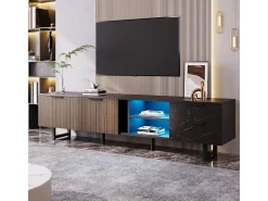 Móvel de TV com duas portas e duas gavetas, iluminação LED ajustável, efeito mármore , portas de madeira escura, 200x38x50 cm, e veios de madeira^ Móvel De Tv