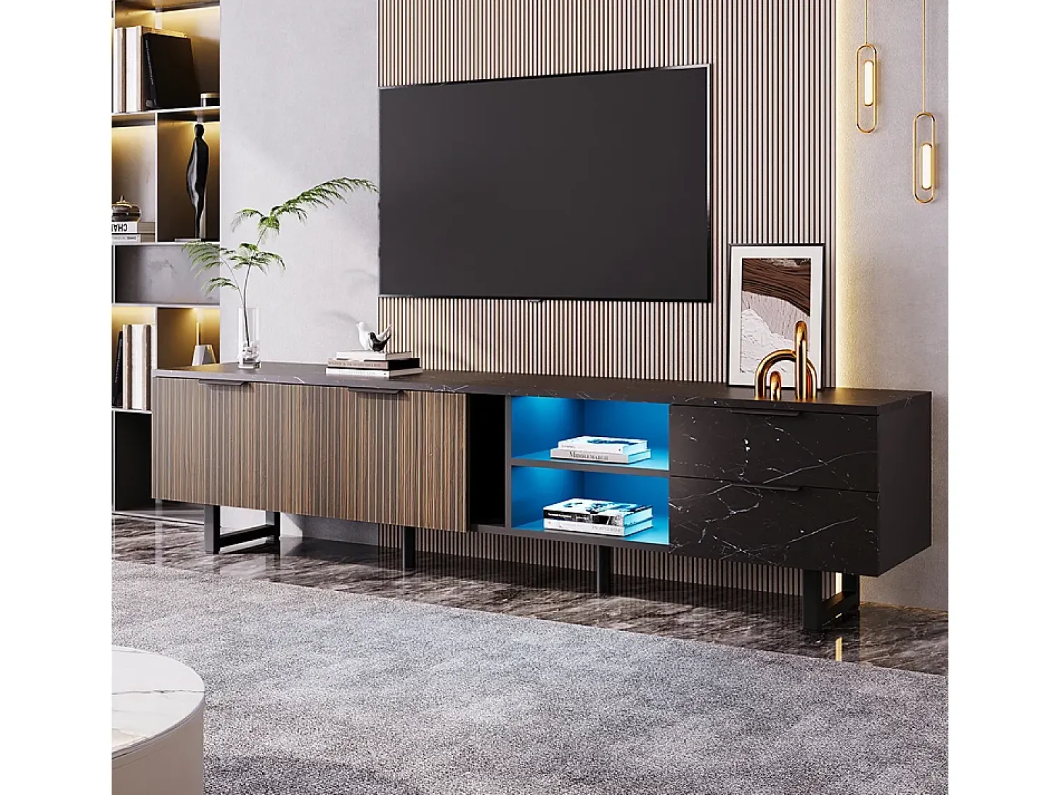 Móvel de TV com duas portas e duas gavetas, iluminação LED ajustável, efeito mármore , portas de madeira escura, 200x38x50 cm, e veios de madeira^ Móvel De Tv