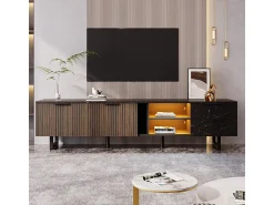 Móvel de TV com duas portas e duas gavetas, iluminação LED ajustável, efeito mármore , portas de madeira escura, 200x38x50 cm, e veios de madeira^ Móvel De Tv