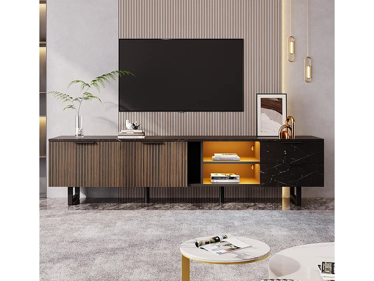 Móvel de TV com duas portas e duas gavetas, iluminação LED ajustável, efeito mármore , portas de madeira escura, 200x38x50 cm, e veios de madeira^ Móvel De Tv
