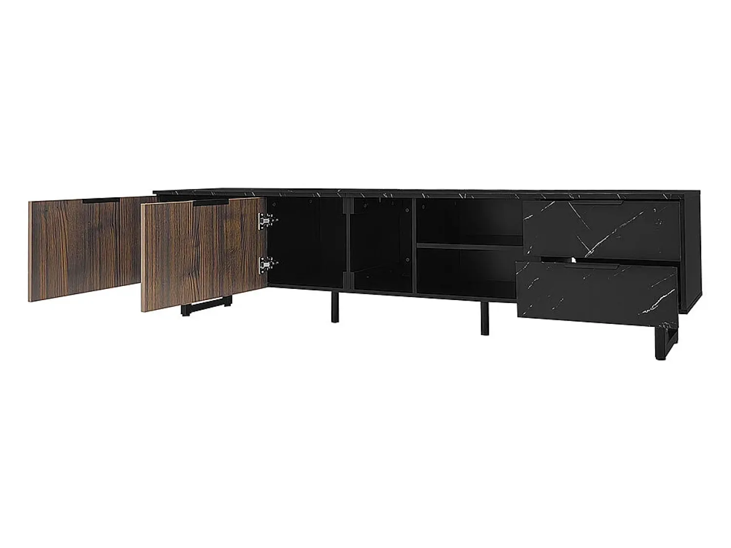 Móvel de TV com duas portas e duas gavetas, iluminação LED ajustável, efeito mármore , portas de madeira escura, 200x38x50 cm, e veios de madeira^ Móvel De Tv