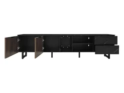Móvel de TV com duas portas e duas gavetas, iluminação LED ajustável, efeito mármore , portas de madeira escura, 200x38x50 cm, e veios de madeira^ Móvel De Tv