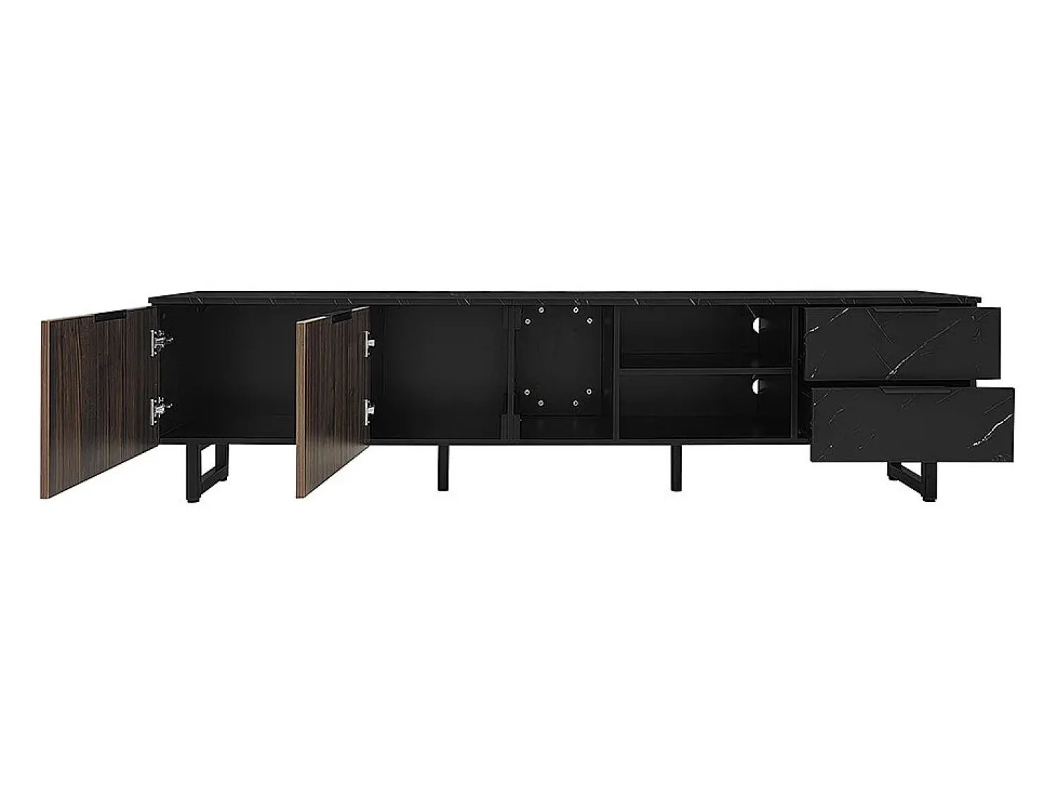 Móvel de TV com duas portas e duas gavetas, iluminação LED ajustável, efeito mármore , portas de madeira escura, 200x38x50 cm, e veios de madeira^ Móvel De Tv