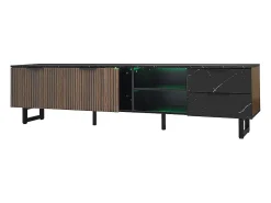 Móvel de TV com duas portas e duas gavetas, iluminação LED ajustável, efeito mármore , portas de madeira escura, 200x38x50 cm, e veios de madeira^ Móvel De Tv