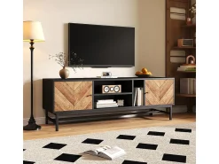 Móvel De Tv| Móvel de TV, com espaço de armazenamento versátil, incluindo armários, compartimentos horizontais e verticais, 150 x 38 x 55 cm, design de contraste -madeira Preto
