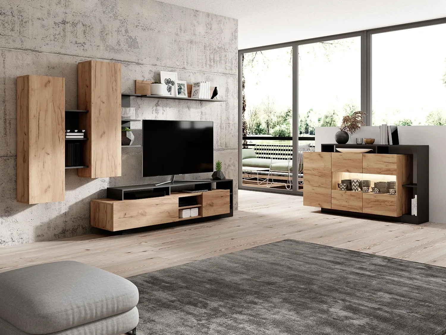 Best Vente-unique Móvel de TV com espaços de arrumação cor natural e antracite - IDESIA Cinza antracite / Natural claro