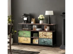 Clearance Móvel de TV com LED RGB, 4 Gavetas de Tecido Vintage, Estrutura Metálica, 108x30x57cm, Prateleira Ajustável Natural claro