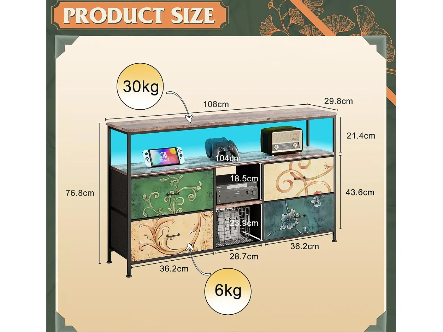 Clearance Móvel de TV com LED RGB, 4 Gavetas de Tecido Vintage, Estrutura Metálica, 108x30x57cm, Prateleira Ajustável Natural claro