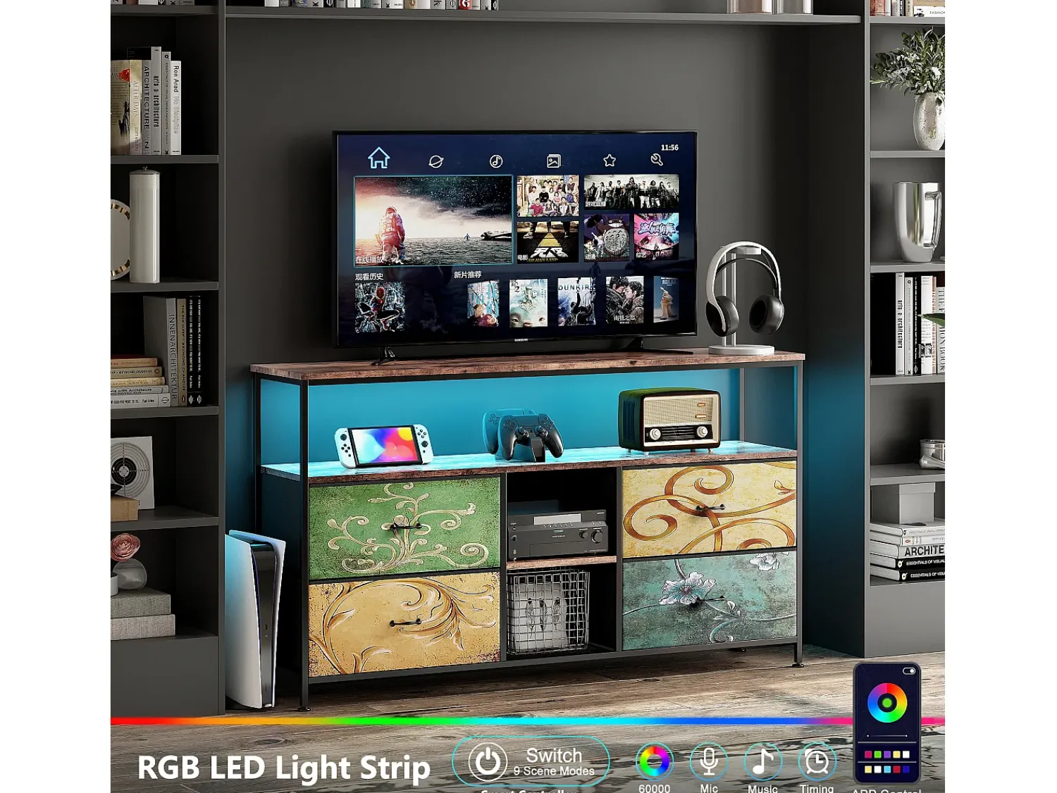 Clearance Móvel de TV com LED RGB, 4 Gavetas de Tecido Vintage, Estrutura Metálica, 108x30x57cm, Prateleira Ajustável Natural claro