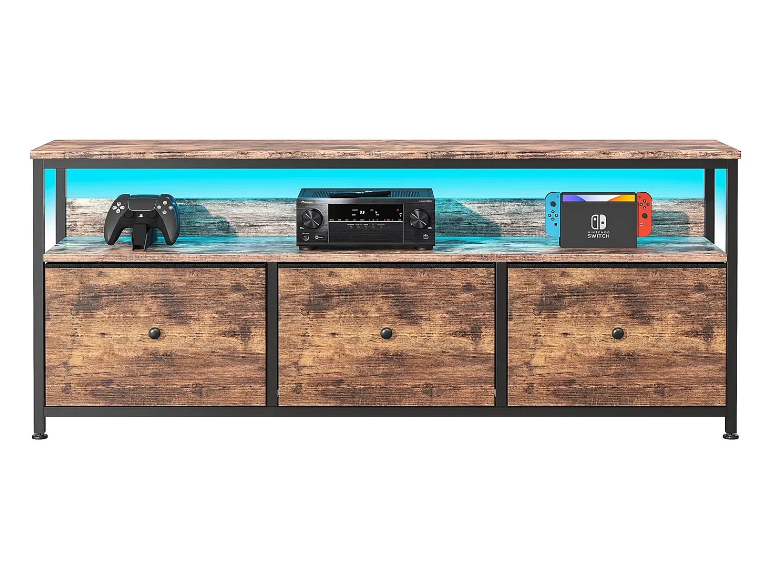 Móvel de TV com LED RGB, 3 gavetas de tecido vintage, estrutura metálica - 108 x 30 x 57 cm, prateleira ajustável^ Móvel De Tv