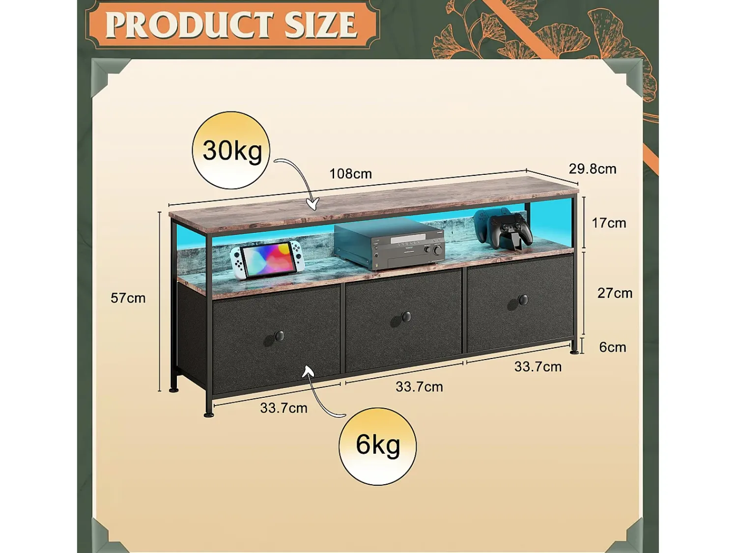 Hot Móvel de TV com LED RGB, 3 Gavetas de Tecido Vintage, Estrutura Metálica, 108x30x57cm, Prateleira Ajustável Preto