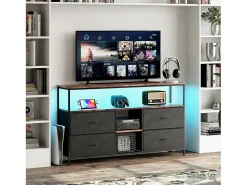 Móvel de TV com LED RGB, 4 Gavetas de Tecido Vintage, Estrutura Metálica, 108x30x57cm, Prateleira Ajustável^ Móvel De Tv