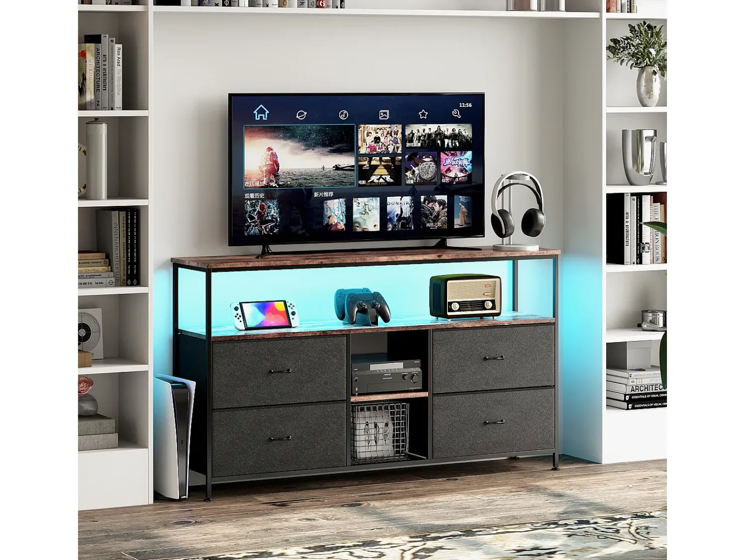 Móvel de TV com LED RGB, 4 Gavetas de Tecido Vintage, Estrutura Metálica, 108x30x57cm, Prateleira Ajustável^ Móvel De Tv