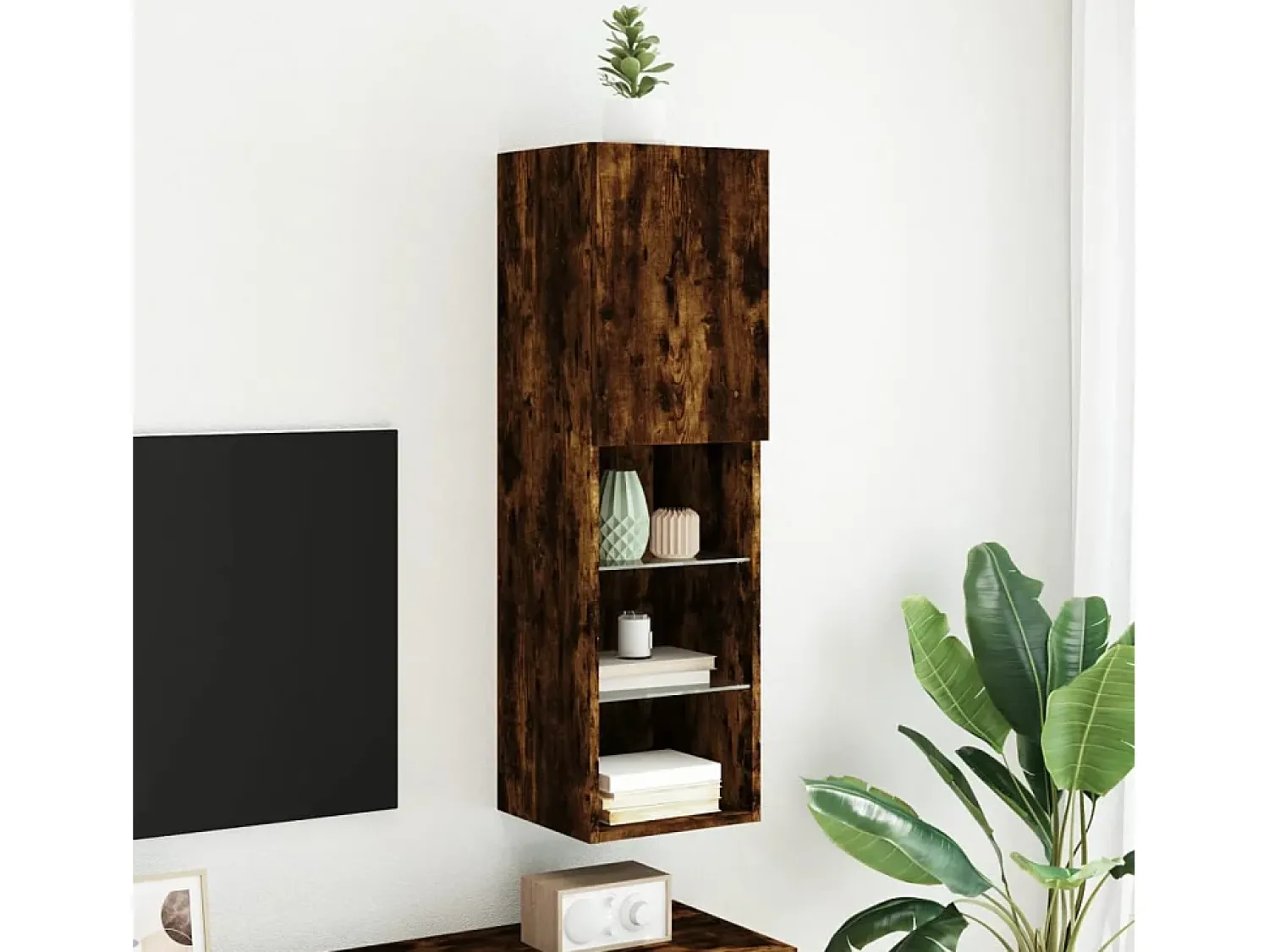 Móvel De Tv| Móvel de TV com luzes LED 30,5x30x102 cm carvalho fumado PT210307 Castanho