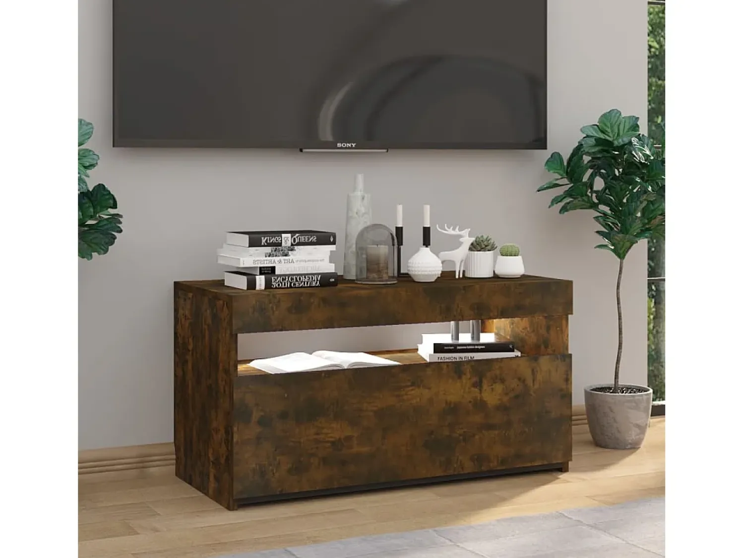 Móvel de TV com luzes LED 75x35x40 cm carvalho fumado PT699064^ Móvel De Tv